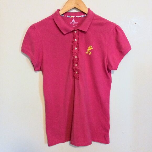 Disney Parks Embroidered Mickey Polo Shirt-Large-Ruffle Trim-Side Vents-Pink - Picture 1 of 10